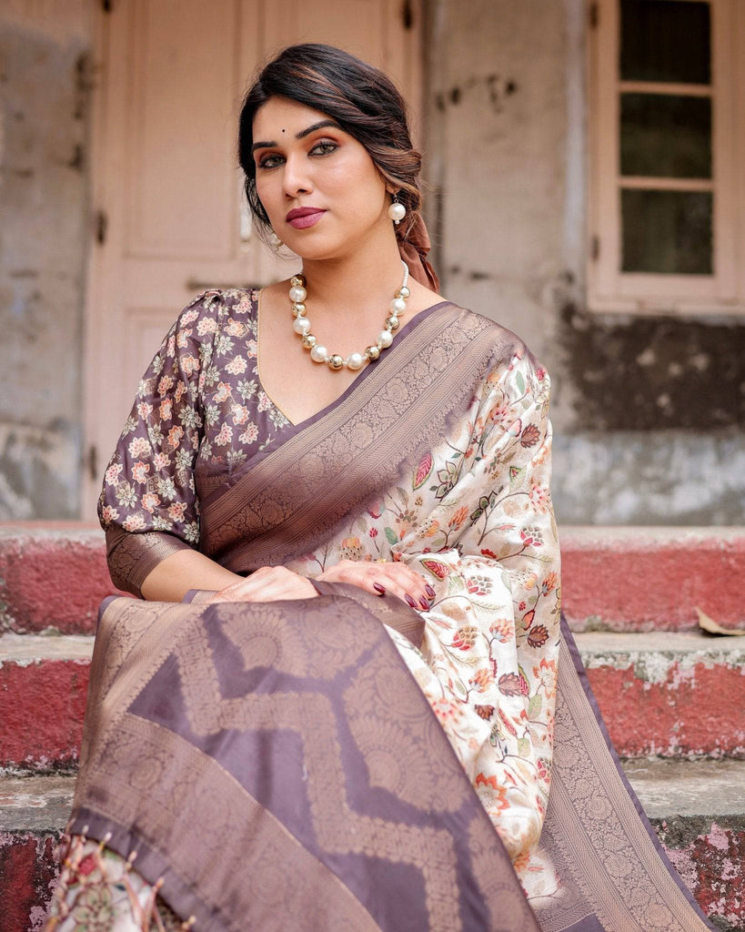 Ivory Banarasi Silk Saree with Plum Zari Border, Floral Print, and Tassels BANARASI PRINTED