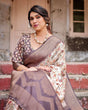 Load image into Gallery viewer, Ivory Banarasi Silk Saree with Plum Zari Border, Floral Print, and Tassels BANARASI PRINTED