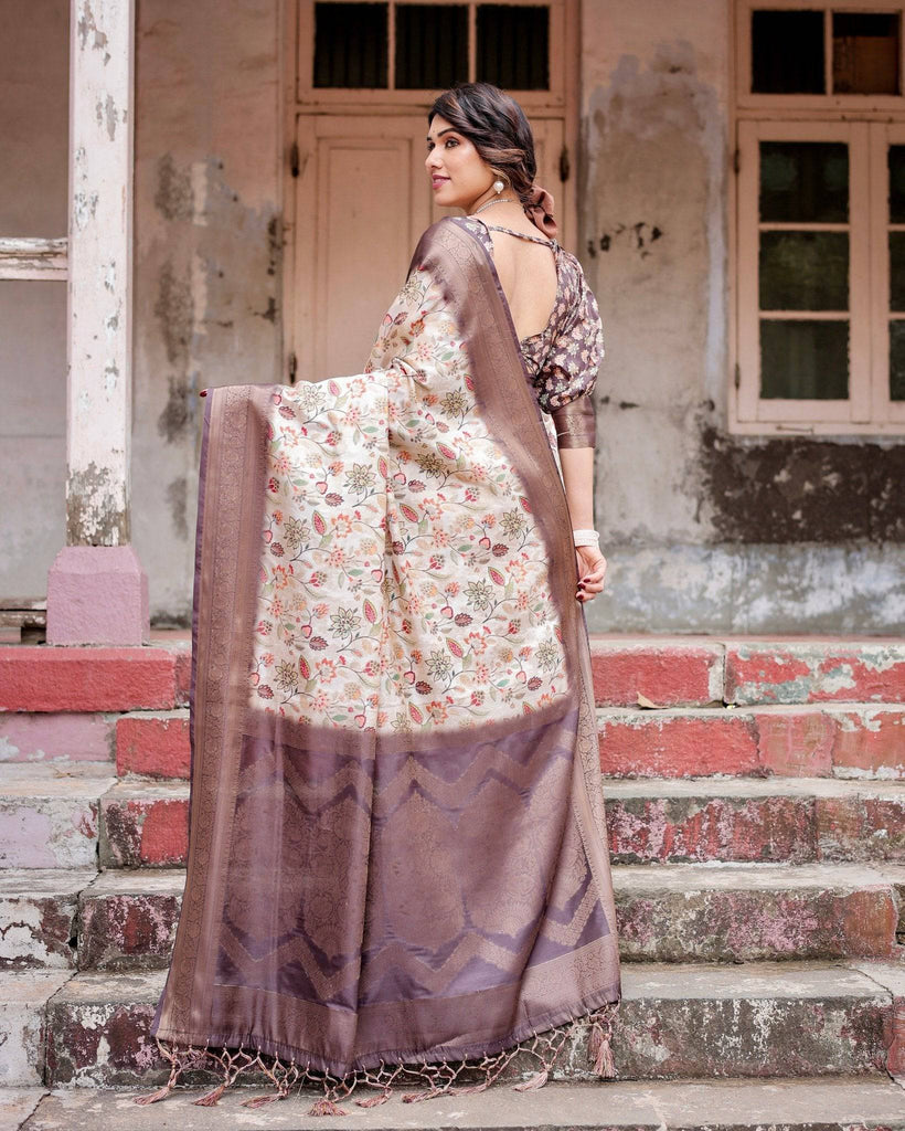 Ivory Banarasi Silk Saree with Plum Zari Border, Floral Print, and Tassels BANARASI PRINTED
