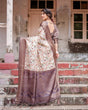 Load image into Gallery viewer, Ivory Banarasi Silk Saree with Plum Zari Border, Floral Print, and Tassels BANARASI PRINTED
