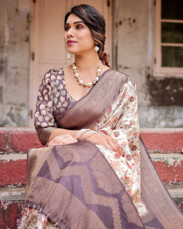 Ivory Banarasi Silk Saree with Plum Zari Border, Floral Print, and Tassels BANARASI PRINTED