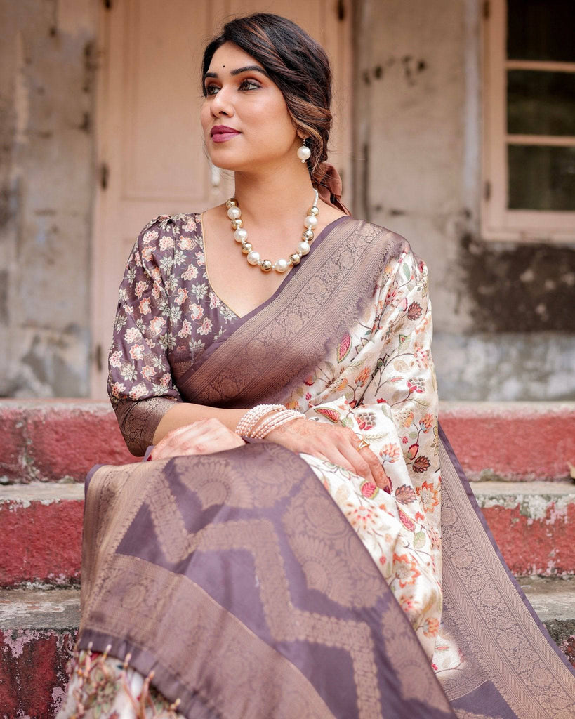 Ivory Banarasi Silk Saree with Plum Zari Border, Floral Print, and Tassels BANARASI PRINTED