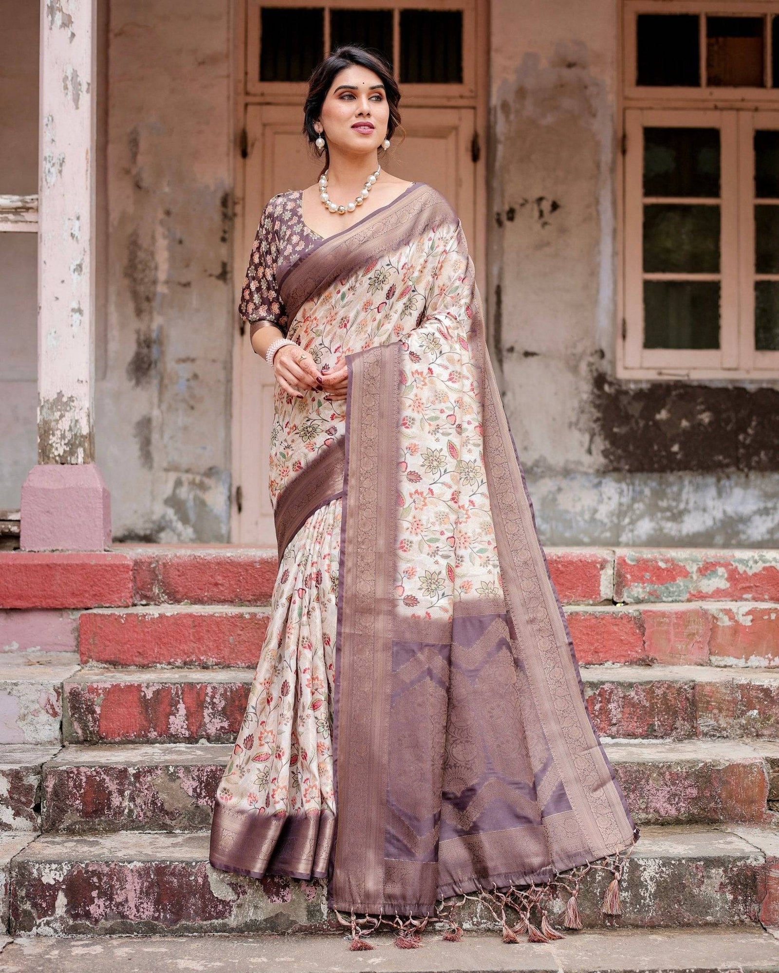 Ivory Banarasi Silk Saree with Plum Zari Border, Floral Print, and Tassels BANARASI PRINTED