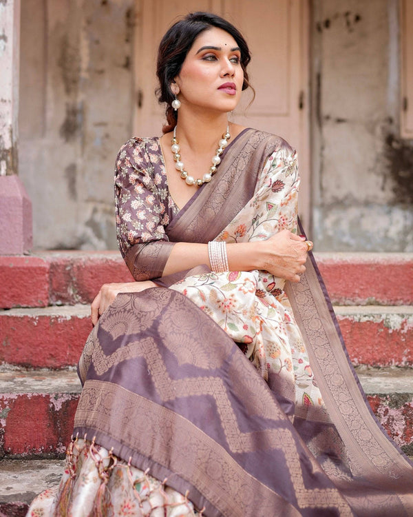 Ivory Banarasi Silk Saree with Plum Zari Border, Floral Print, and Tassels BANARASI PRINTED