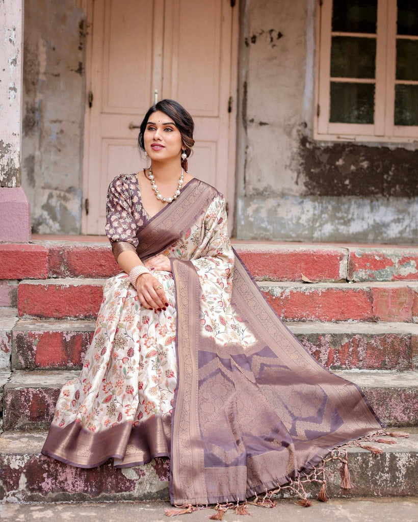 Ivory Banarasi Silk Saree with Plum Zari Border, Floral Print, and Tassels BANARASI PRINTED
