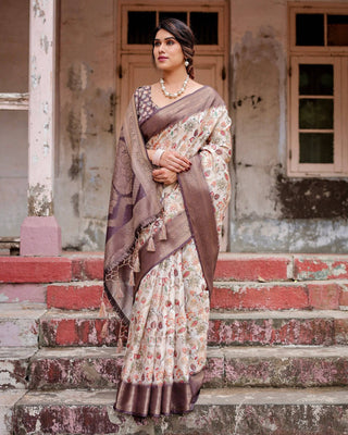 Ivory Banarasi Silk Saree with Plum Zari Border, Floral Print, and Tassels BANARASI PRINTED