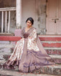 Load image into Gallery viewer, Ivory Banarasi Silk Saree with Plum Zari Border, Floral Print, and Tassels BANARASI PRINTED