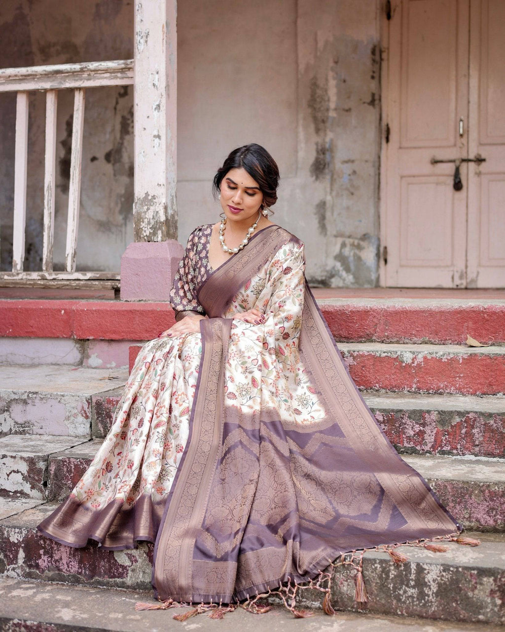 Ivory Banarasi Silk Saree with Plum Zari Border, Floral Print, and Tassels BANARASI PRINTED
