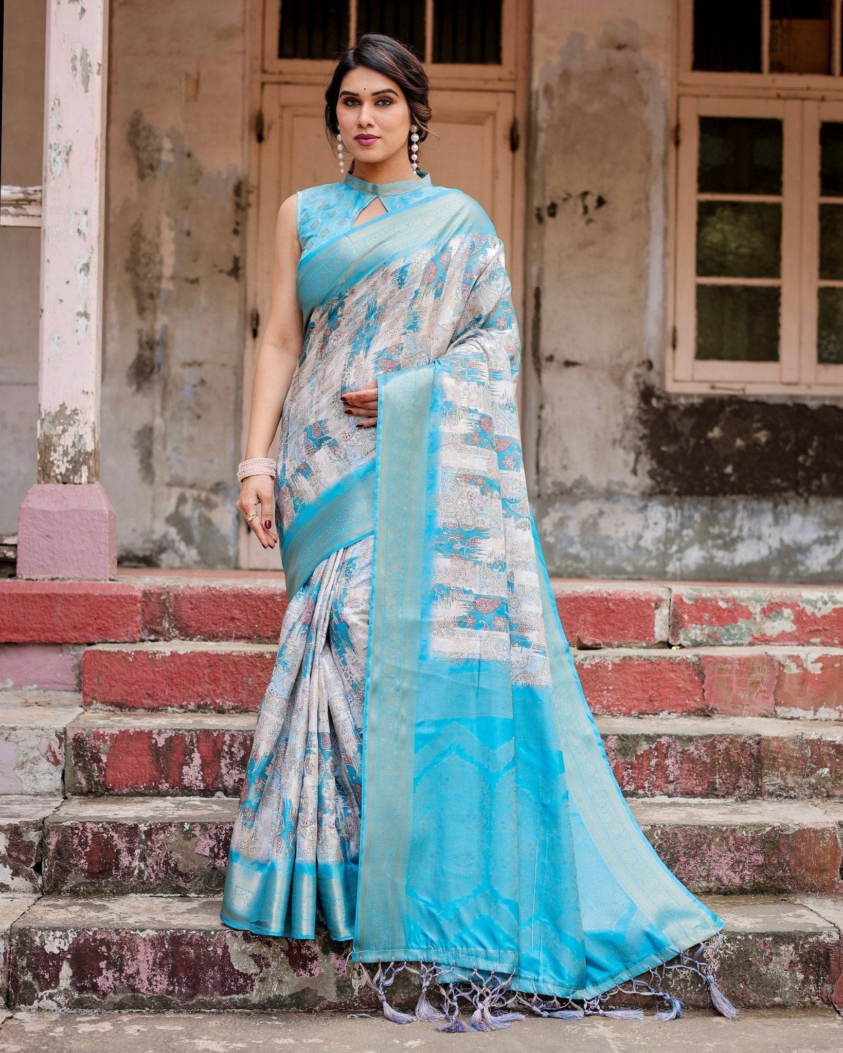 Sky Blue Banarasi Silk Saree with Paisley Digital Print, Zari Border & Tassel Details Secondary image