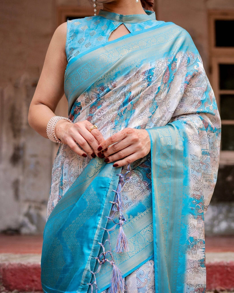 Sky Blue Banarasi Silk Saree with Paisley Digital Print, Zari Border & Tassel Details BANARASI PRINTED