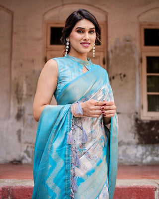 Sky Blue Banarasi Silk Saree with Paisley Digital Print, Zari Border & Tassel Details BANARASI PRINTED