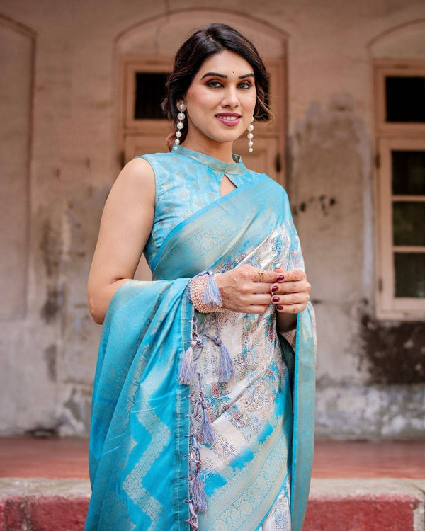 Sky Blue Banarasi Silk Saree with Paisley Digital Print, Zari Border & Tassel Details BANARASI PRINTED