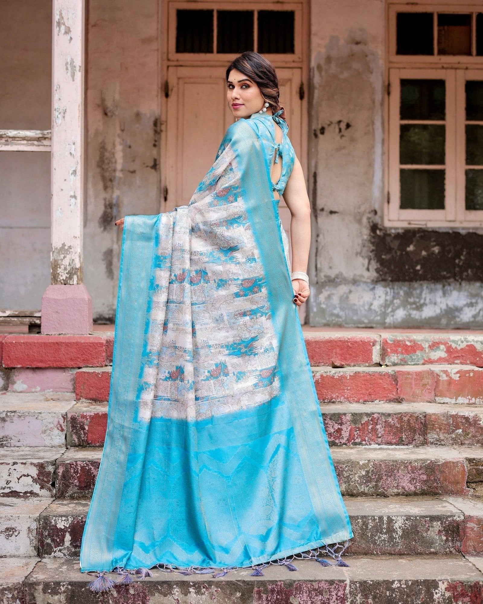 Sky Blue Banarasi Silk Saree with Paisley Digital Print, Zari Border & Tassel Details BANARASI PRINTED