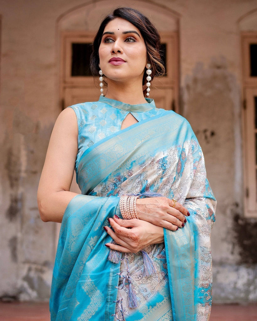 Sky Blue Banarasi Silk Saree with Paisley Digital Print, Zari Border & Tassel Details BANARASI PRINTED