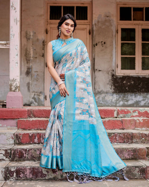 Sky Blue Banarasi Silk Saree with Paisley Digital Print, Zari Border & Tassel Details BANARASI PRINTED Main image