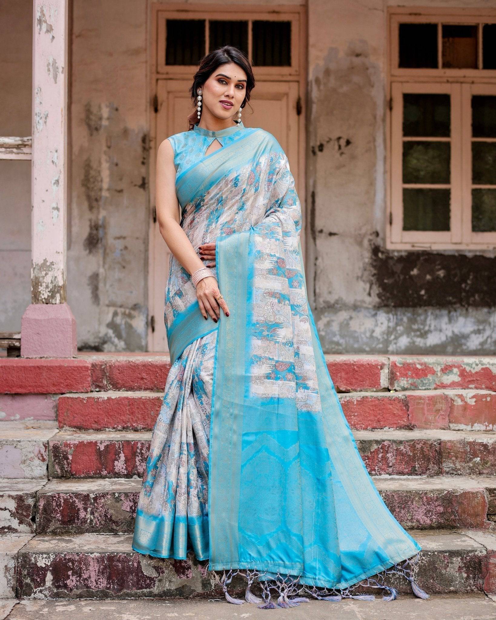 Sky Blue Banarasi Silk Saree with Paisley Digital Print, Zari Border & Tassel Details BANARASI PRINTED
