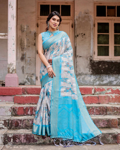 Sky Blue Banarasi Silk Saree with Paisley Digital Print, Zari Border & Tassel Details BANARASI PRINTED