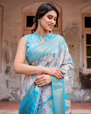 Sky Blue Banarasi Silk Saree with Paisley Digital Print, Zari Border & Tassel Details BANARASI PRINTED