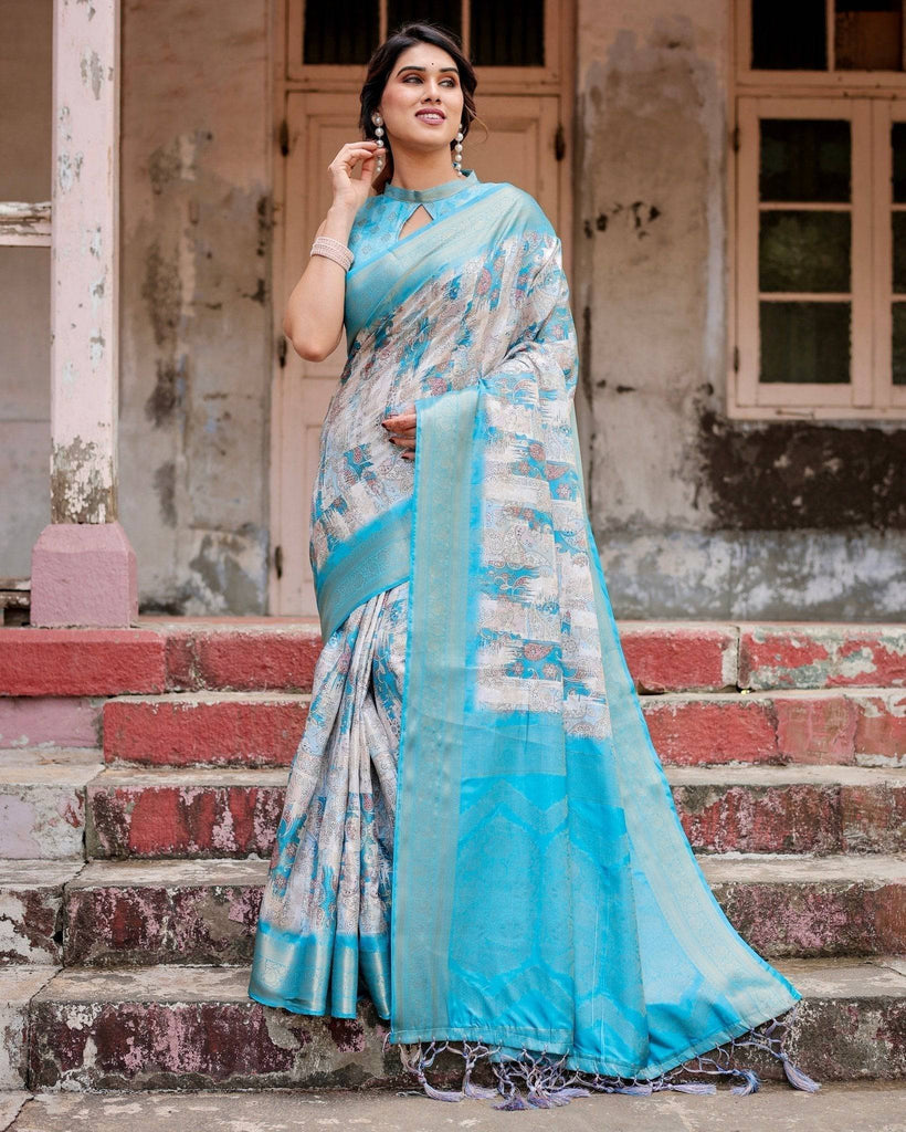 Sky Blue Banarasi Silk Saree with Paisley Digital Print, Zari Border & Tassel Details BANARASI PRINTED