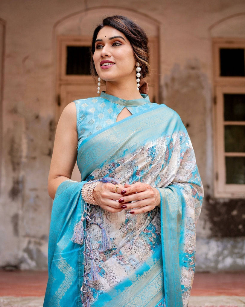 Sky Blue Banarasi Silk Saree with Paisley Digital Print, Zari Border & Tassel Details BANARASI PRINTED