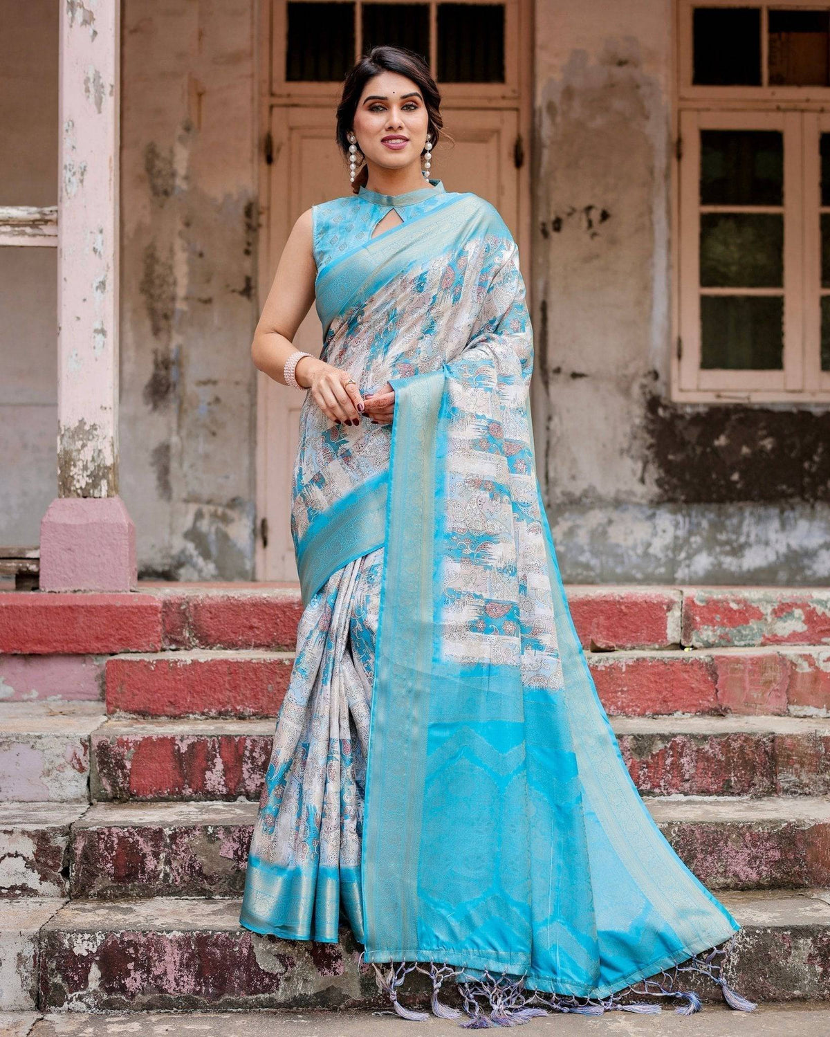 Sky Blue Banarasi Silk Saree with Paisley Digital Print, Zari Border & Tassel Details BANARASI PRINTED Main image