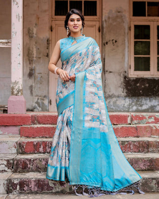 Sky Blue Banarasi Silk Saree with Paisley Digital Print, Zari Border & Tassel Details BANARASI PRINTED