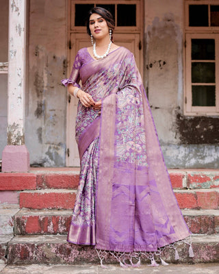 Lavender Banarasi Silk Saree with Intricate Zari Weaving, Tassel Accents, and Designer Floral Pallu BANARASI PRINTED
