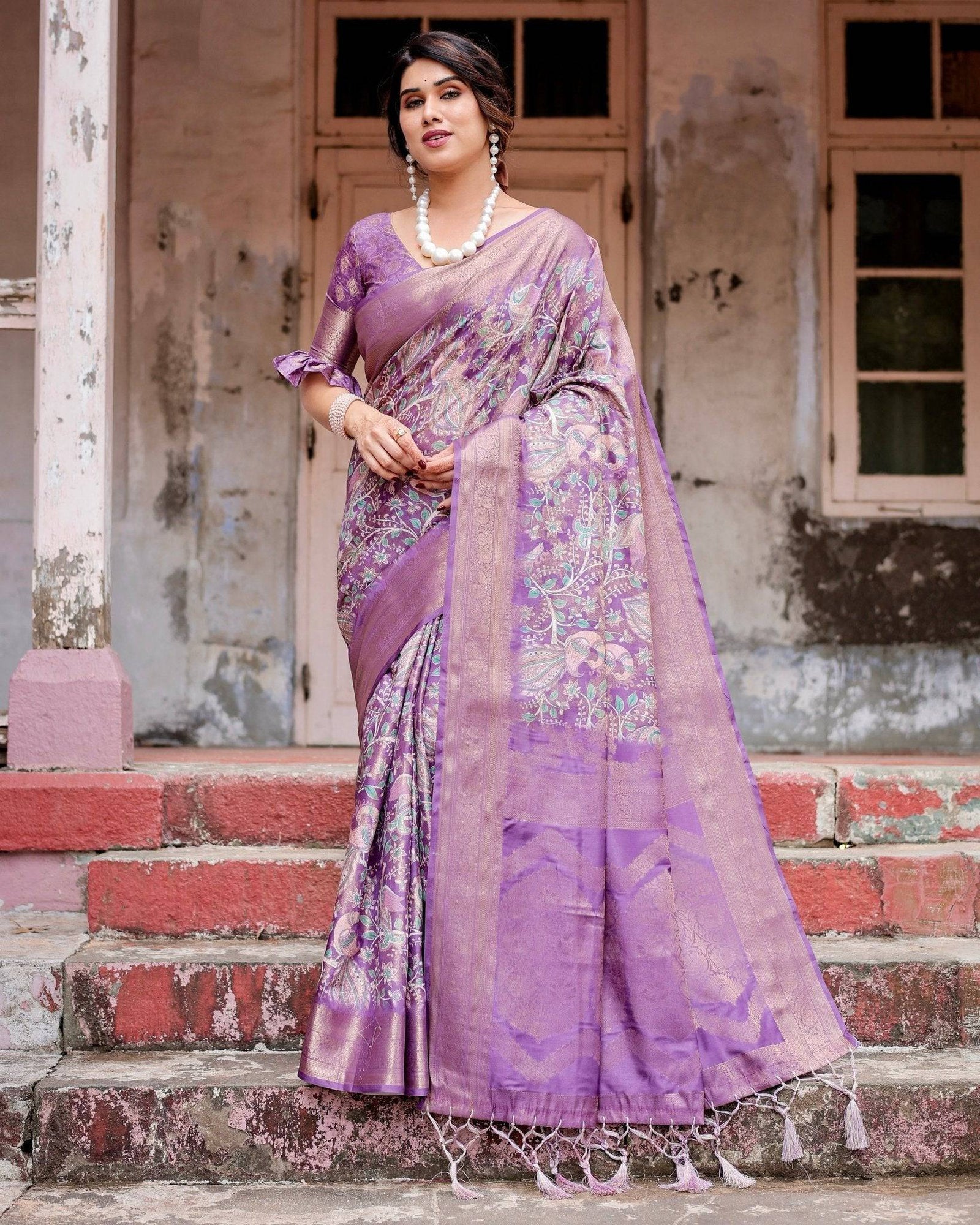 Lavender Banarasi Silk Saree with Intricate Zari Weaving, Tassel Accents, and Designer Floral Pallu BANARASI PRINTED