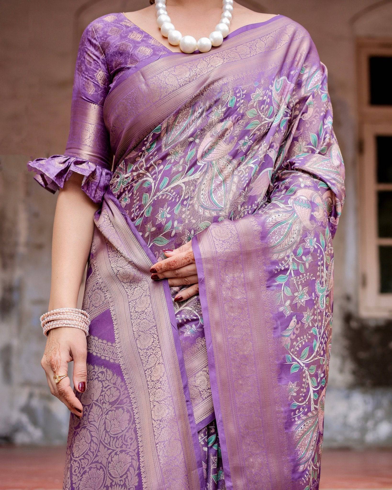 Lavender Banarasi Silk Saree with Intricate Zari Weaving, Tassel Accents, and Designer Floral Pallu BANARASI PRINTED