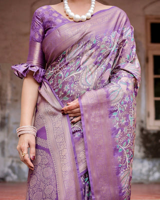 Lavender Banarasi Silk Saree with Intricate Zari Weaving, Tassel Accents, and Designer Floral Pallu BANARASI PRINTED