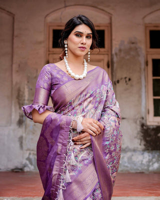 Lavender Banarasi Silk Saree with Intricate Zari Weaving, Tassel Accents, and Designer Floral Pallu BANARASI PRINTED