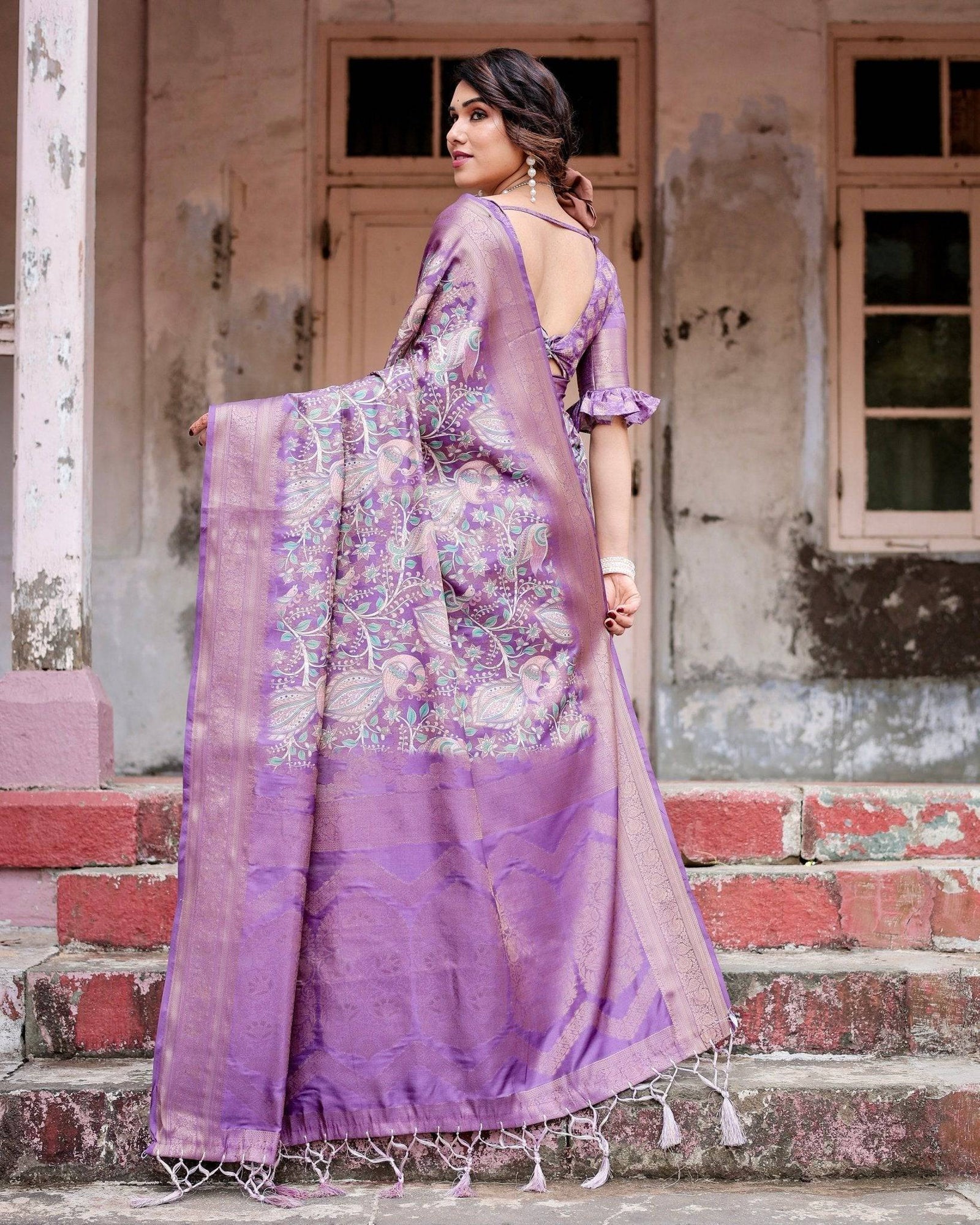 Lavender Banarasi Silk Saree with Intricate Zari Weaving, Tassel Accents, and Designer Floral Pallu BANARASI PRINTED