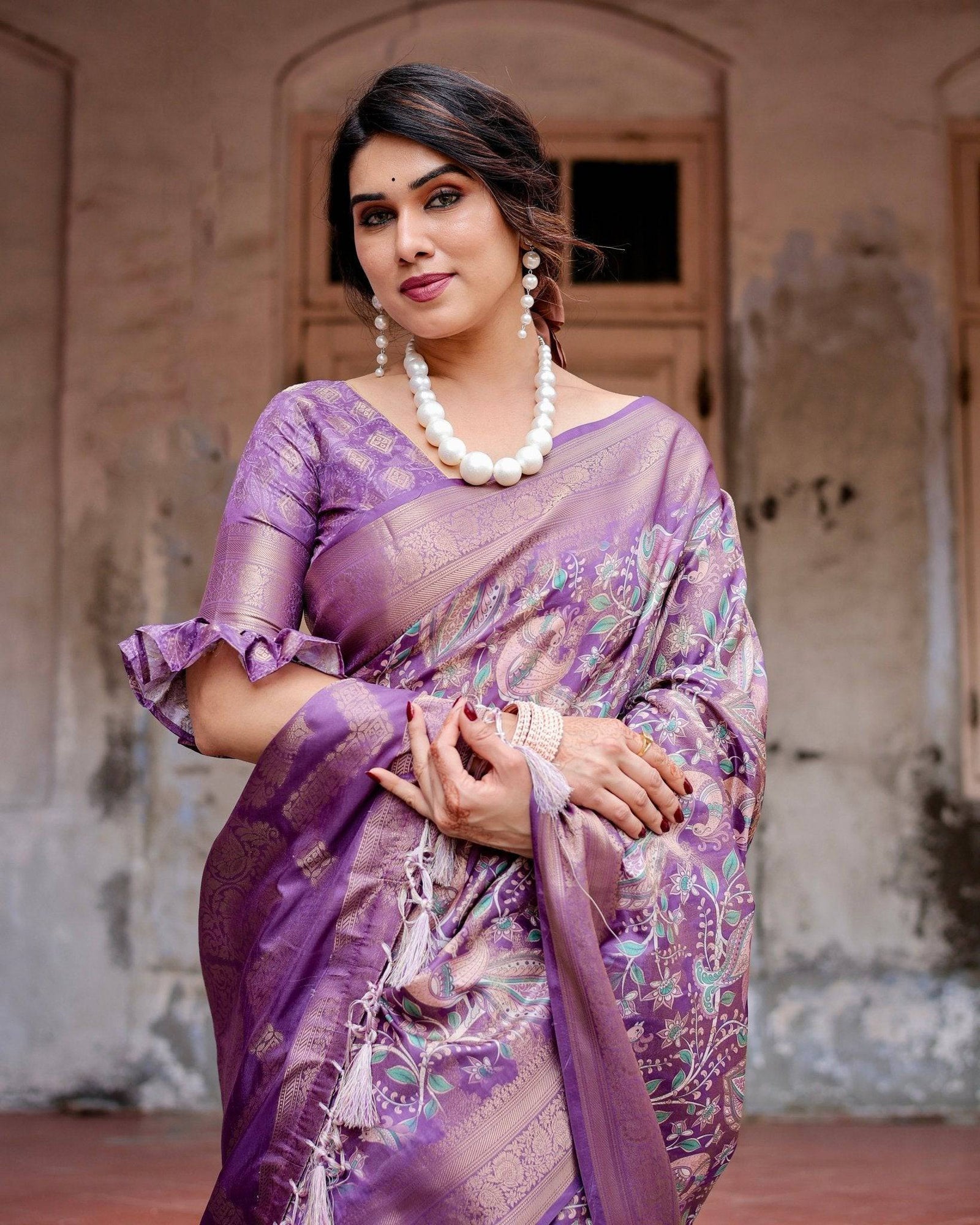 Lavender Banarasi Silk Saree with Intricate Zari Weaving, Tassel Accents, and Designer Floral Pallu BANARASI PRINTED