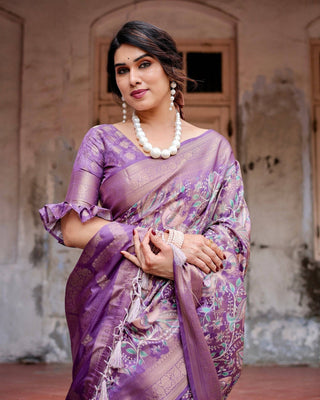 Lavender Banarasi Silk Saree with Intricate Zari Weaving, Tassel Accents, and Designer Floral Pallu BANARASI PRINTED