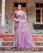 Load image into Gallery viewer, Lavender Banarasi Silk Saree with Intricate Zari Weaving, Tassel Accents, and Designer Floral Pallu BANARASI PRINTED