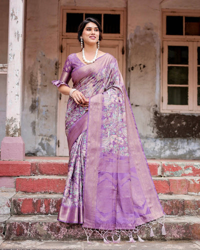 Lavender Banarasi Silk Saree with Intricate Zari Weaving, Tassel Accents, and Designer Floral Pallu BANARASI PRINTED