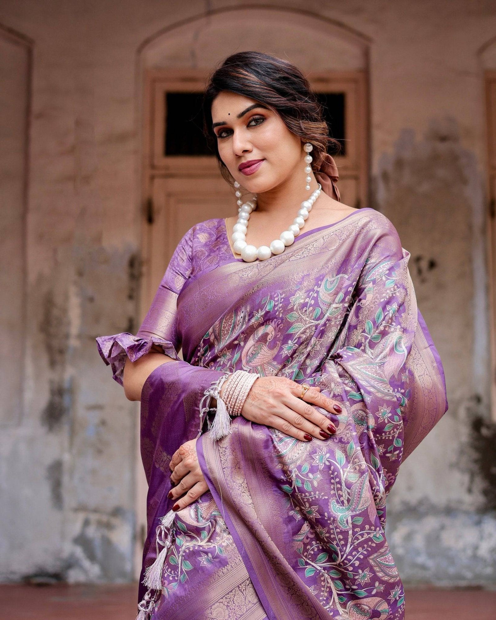 Lavender Banarasi Silk Saree with Intricate Zari Weaving, Tassel Accents, and Designer Floral Pallu BANARASI PRINTED