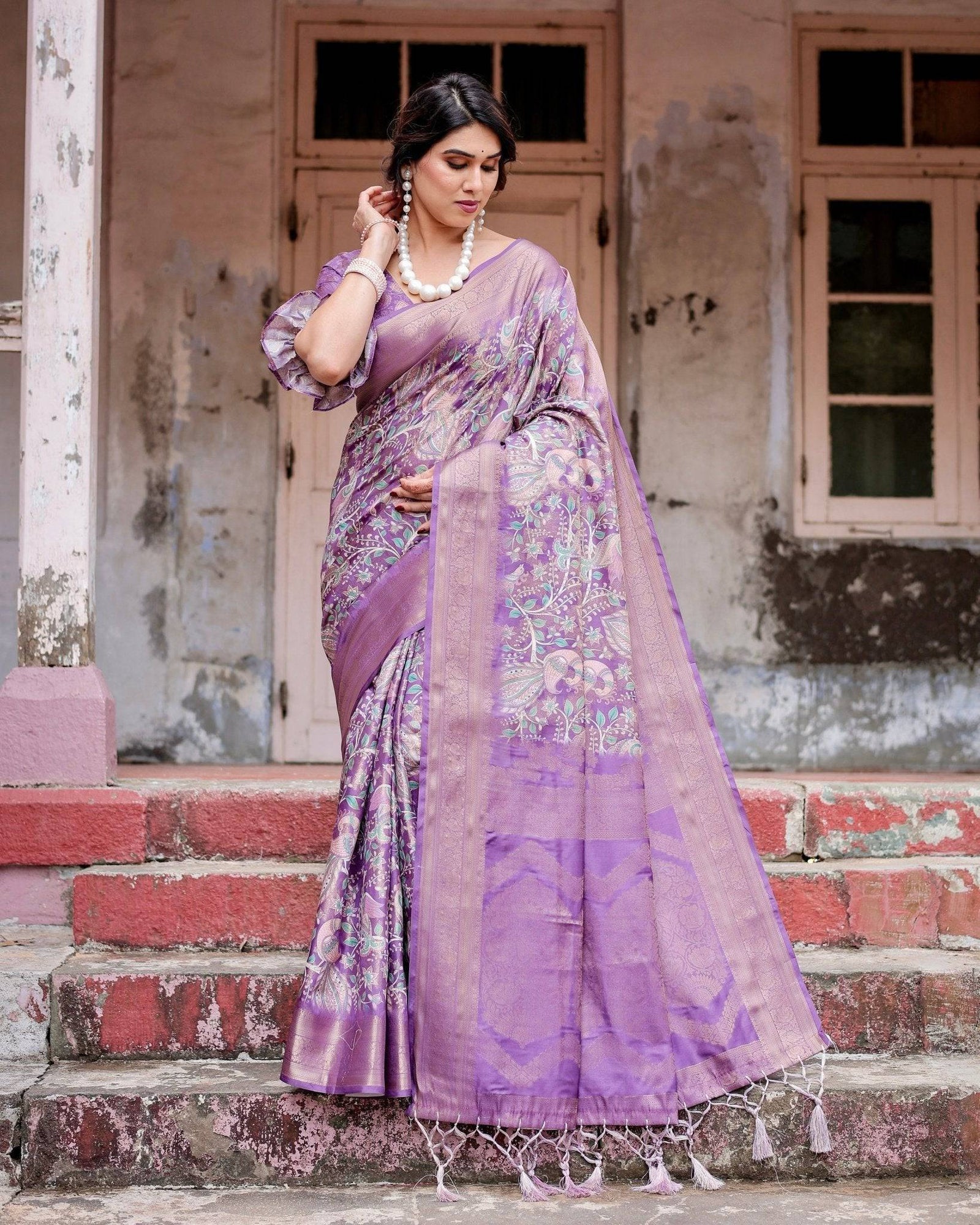 Lavender Banarasi Silk Saree with Intricate Zari Weaving, Tassel Accents, and Designer Floral Pallu BANARASI PRINTED
