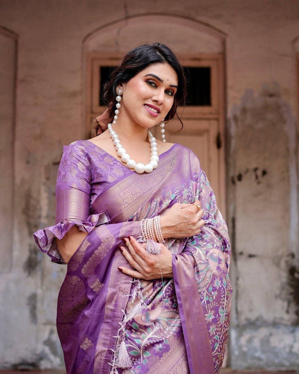 Lavender Banarasi Silk Saree with Intricate Zari Weaving, Tassel Accents, and Designer Floral Pallu BANARASI PRINTED