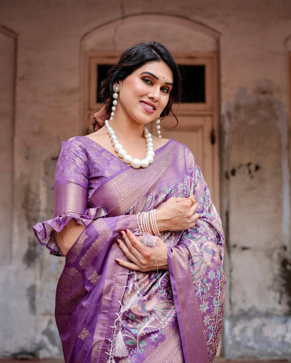 Lavender Banarasi Silk Saree with Intricate Zari Weaving, Tassel Accents, and Designer Floral Pallu BANARASI PRINTED