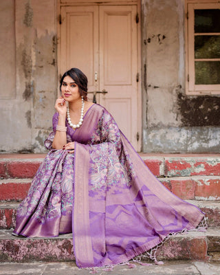 Lavender Banarasi Silk Saree with Intricate Zari Weaving, Tassel Accents, and Designer Floral Pallu BANARASI PRINTED