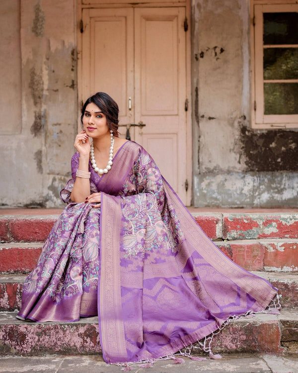 Lavender Banarasi Silk Saree with Intricate Zari Weaving, Tassel Accents, and Designer Floral Pallu BANARASI PRINTED
