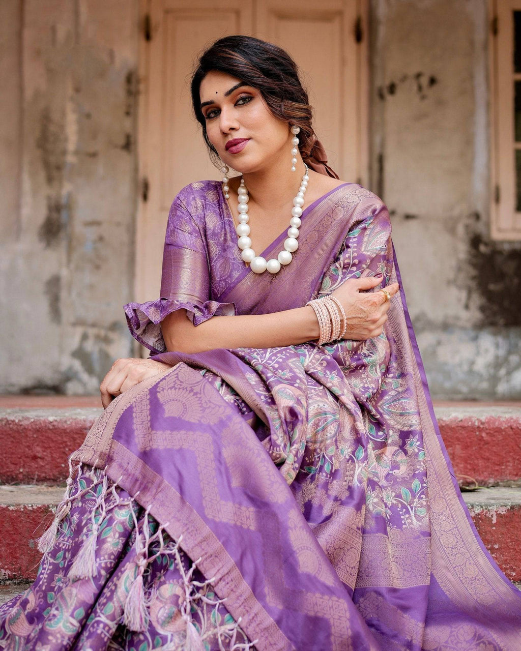 Lavender Banarasi Silk Saree with Intricate Zari Weaving, Tassel Accents, and Designer Floral Pallu BANARASI PRINTED
