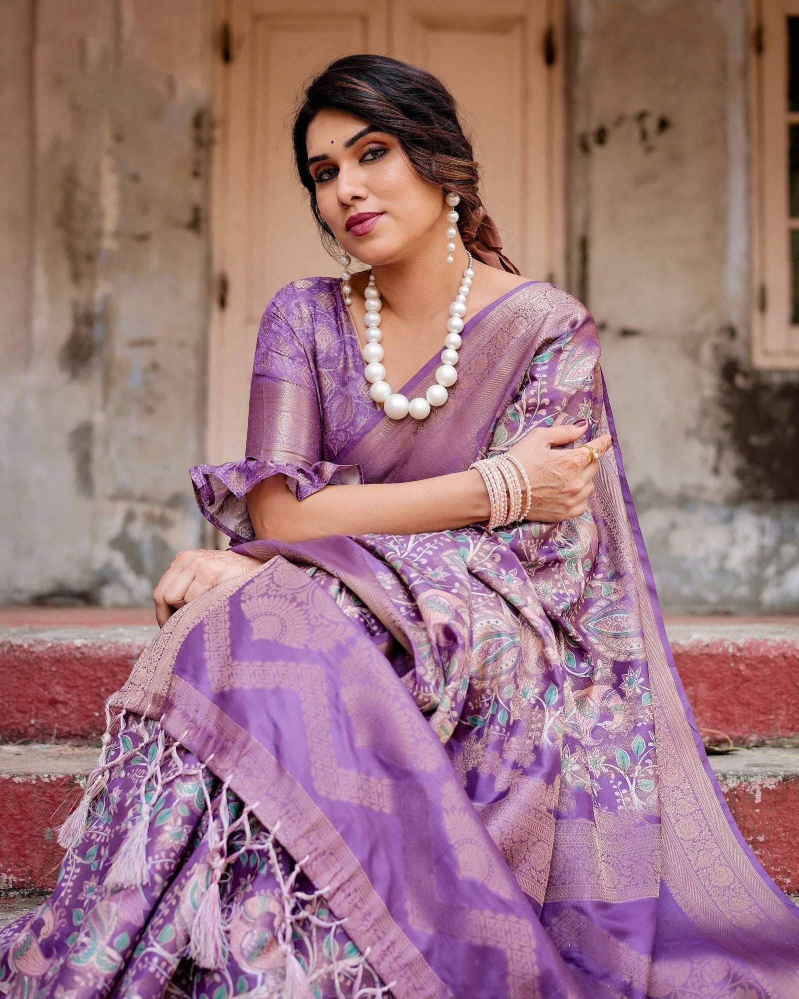 Lavender Banarasi Silk Saree with Intricate Zari Weaving, Tassel Accents, and Designer Floral Pallu BANARASI PRINTED