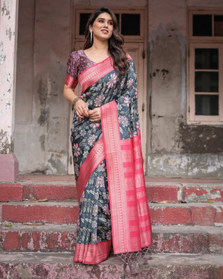 Floral Navy Banarasi Silk Saree with Bright Pink Zari Border and Tassels BANARASI PRINTED