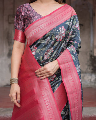 Floral Navy Banarasi Silk Saree with Bright Pink Zari Border and Tassels BANARASI PRINTED