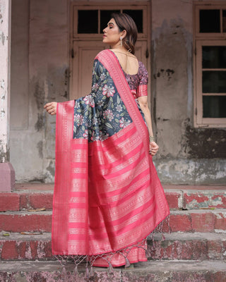 Floral Navy Banarasi Silk Saree with Bright Pink Zari Border and Tassels BANARASI PRINTED