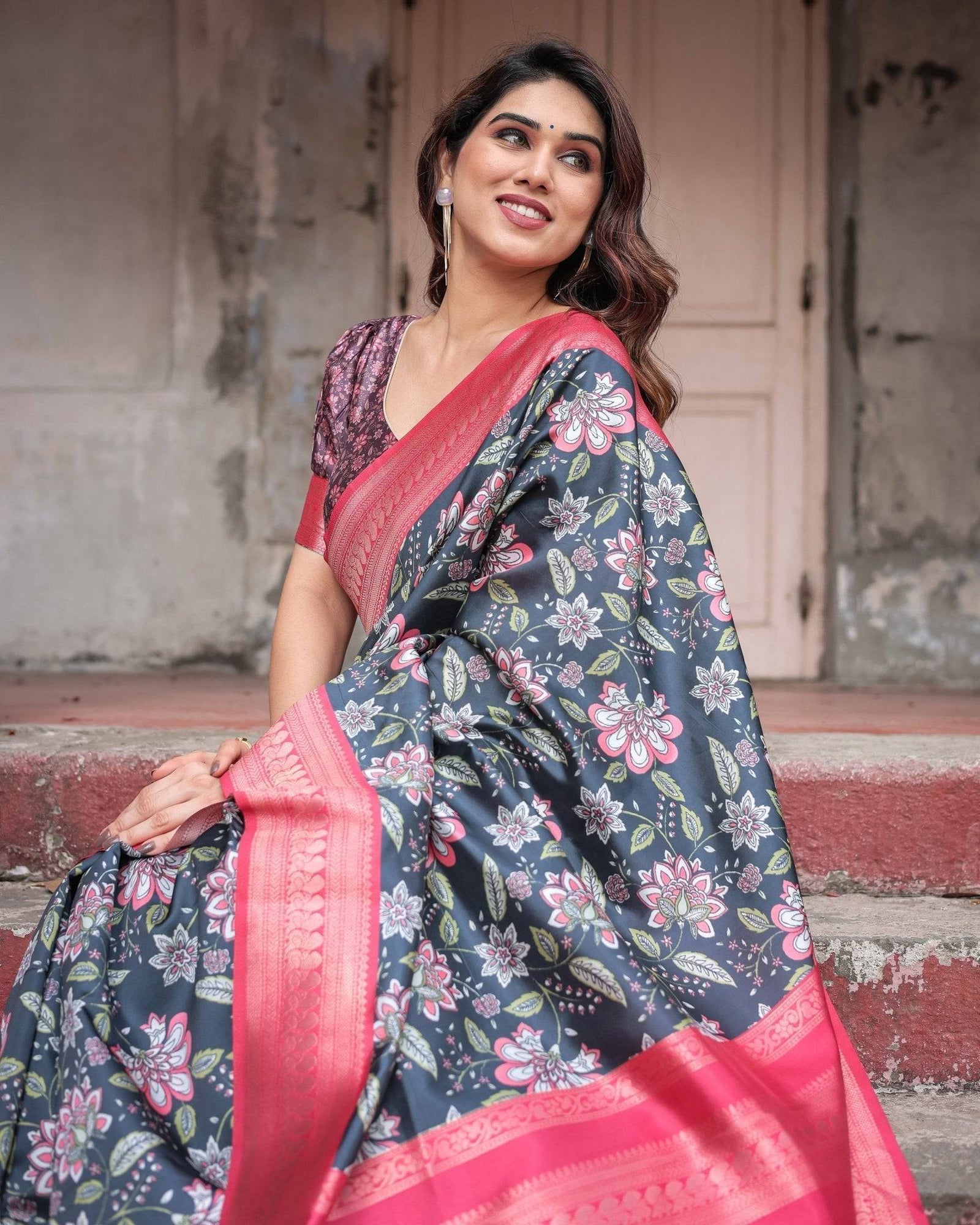 Floral Navy Banarasi Silk Saree with Bright Pink Zari Border and Tassels BANARASI PRINTED