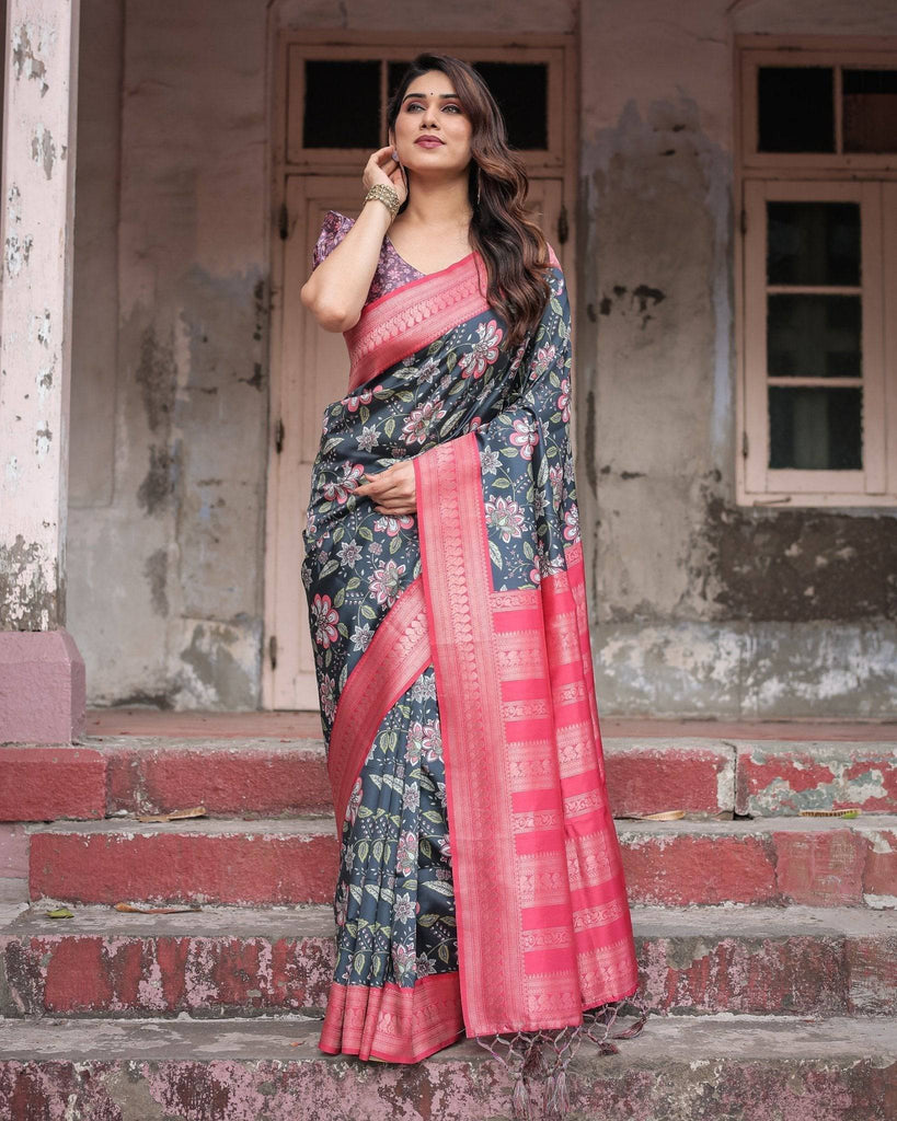 Floral Navy Banarasi Silk Saree with Bright Pink Zari Border and Tassels BANARASI PRINTED