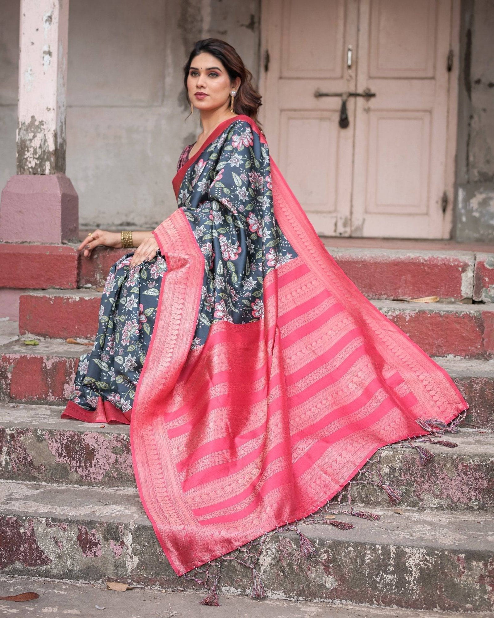 Floral Navy Banarasi Silk Saree with Bright Pink Zari Border and Tassels BANARASI PRINTED